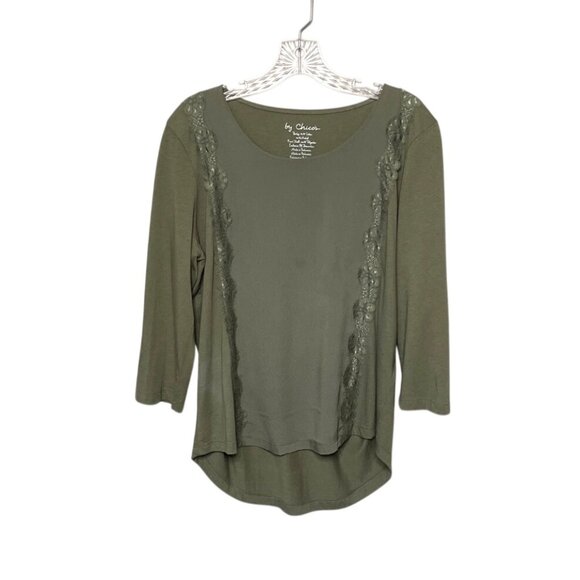 Chicos Olive Green 3/4 Sleeve Top Lace Detail Sz 1= M Cotton Blend Lightweight - Picture 5 of 5